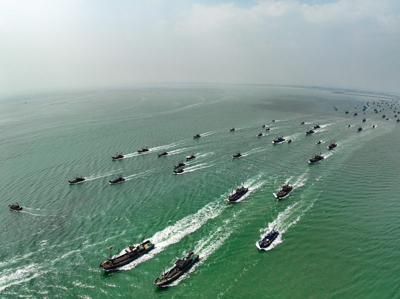 在日照黃海中心漁港，漁船千帆競發，爭“鮮”出海。趙光海攝