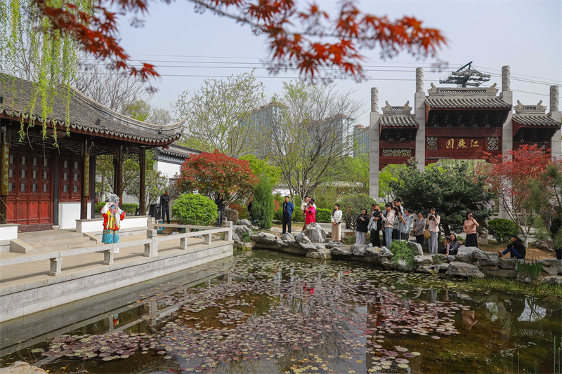 2025年4月17日，在山東省青島世博園江蘇園景區(qū)，京劇演員為大家表演梅派名段《貴妃醉酒》。張鷹 攝 