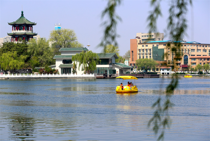 4月20日，游客在山東青島萊西市月湖公園泛舟游玩。張進剛攝