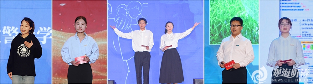 葛子涵（左一）、韓夢潔（左二）、王駿杰和王小涵（中）、張彥浩（右二）、梁鈺（右一）發言